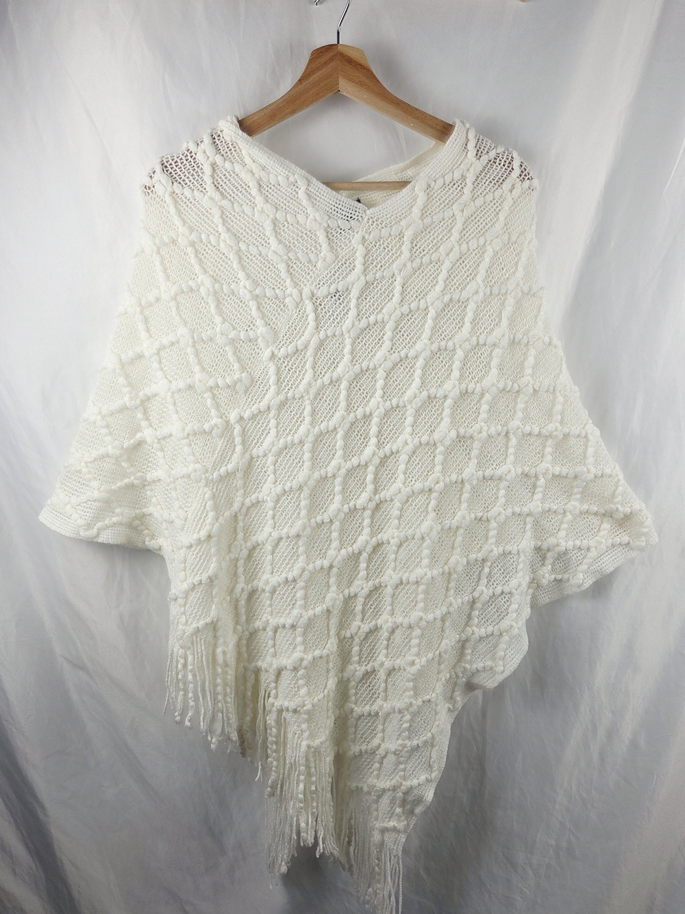 Francesca's Women's Cream Knit Poncho Sweater with Fringe Size One Size